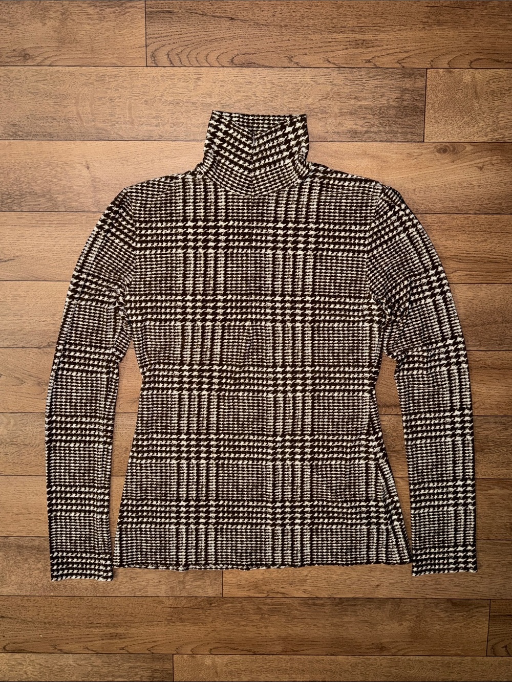 Norma Kamali Size L/40 Front Zip Slim Fit Turtle Neck Top Chocolate Plaid Tweed